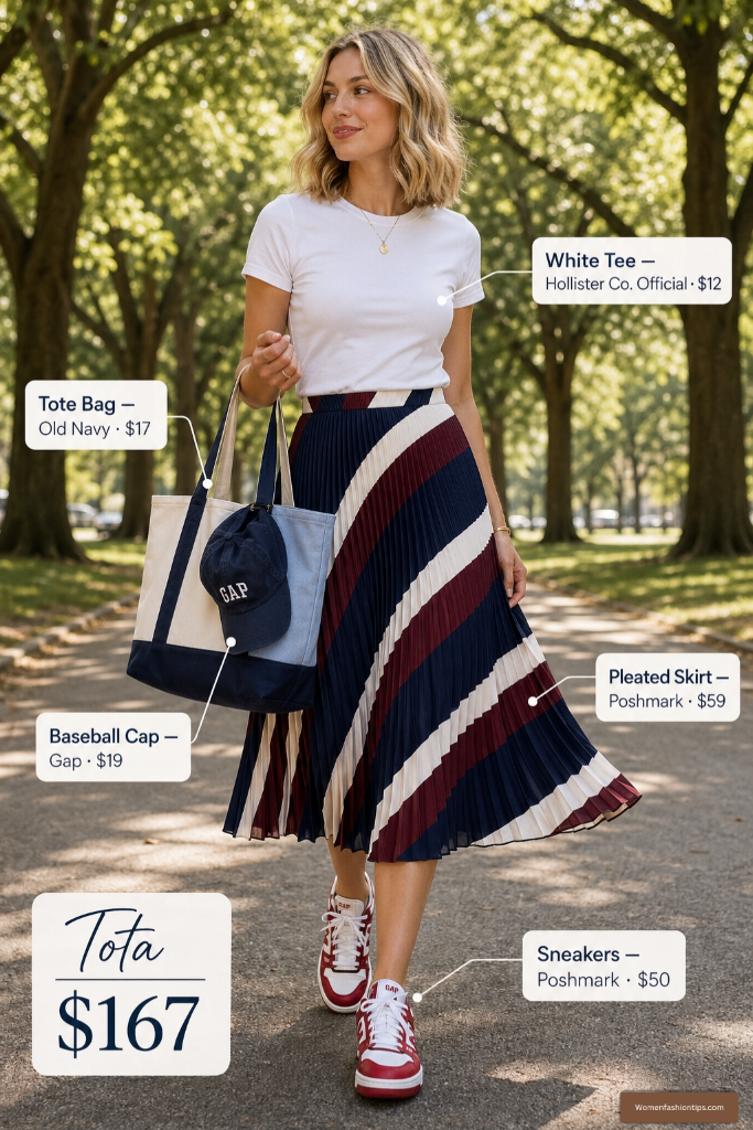 White tee, pleated skirt, and red sneakers outfit