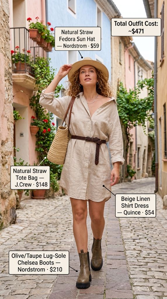 Beige Linen Shirt Dress with Olive Chelsea Boots and Straw Hat