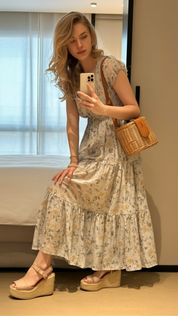 Cream and yellow floral tiered maxi dress with cap sleeves, nude platform espadrille wedge sandals, and woven wicker structured crossbody bag with leather trim