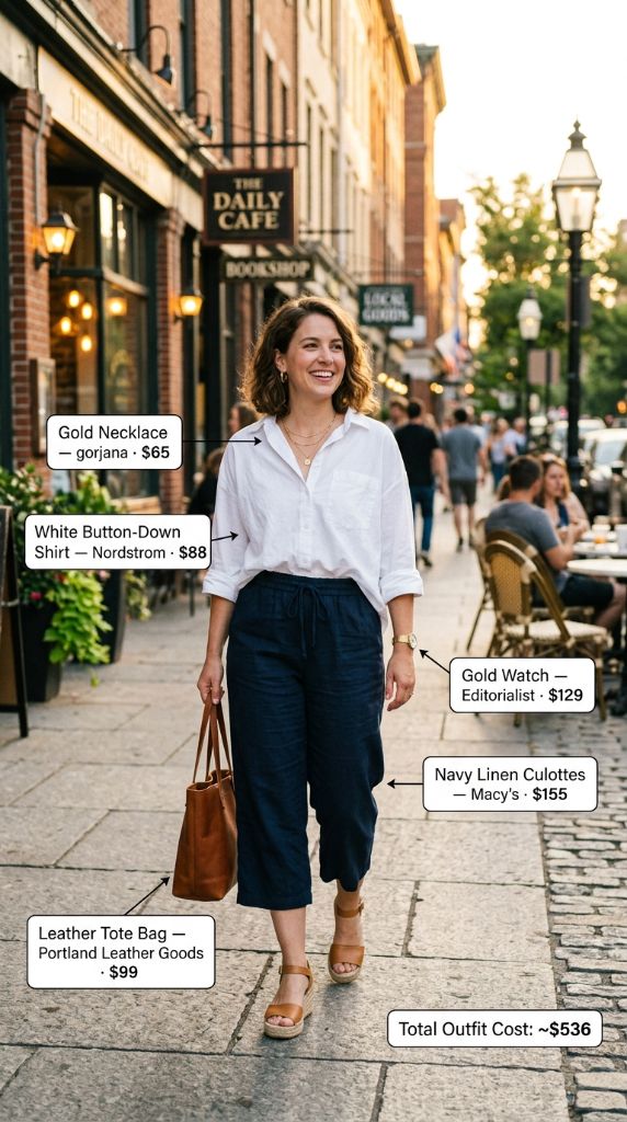 White Button-Down and Navy Linen Culottes