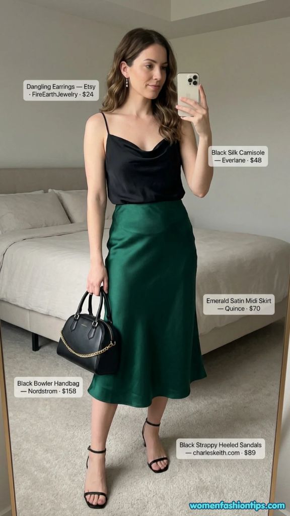 Emerald Satin Midi Skirt Outfit
