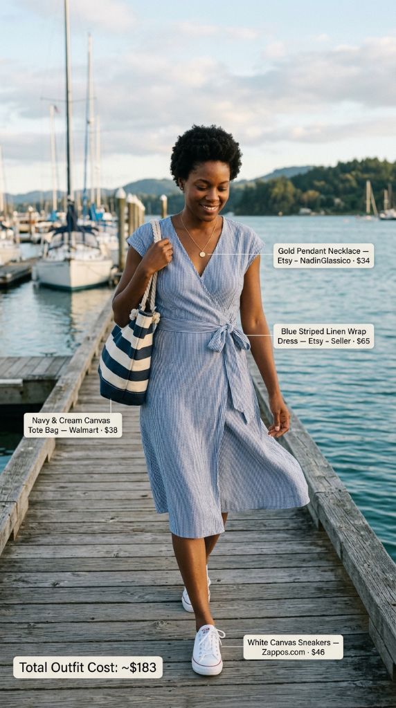 Blue Striped Linen Wrap Dress Outfit