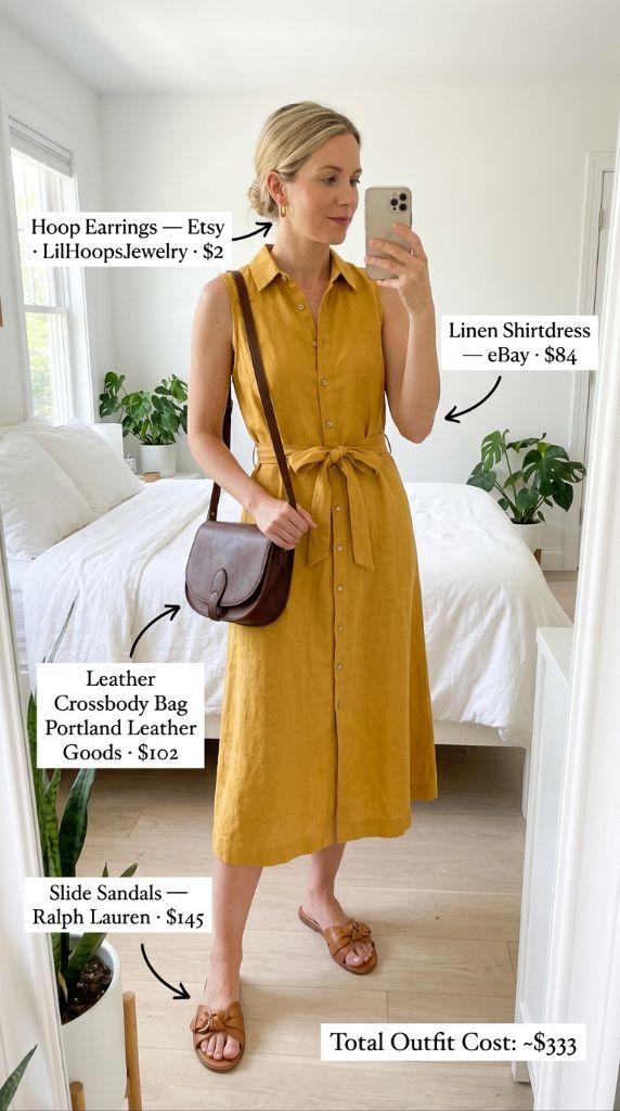 Mustard Linen Shirtdress Outfit