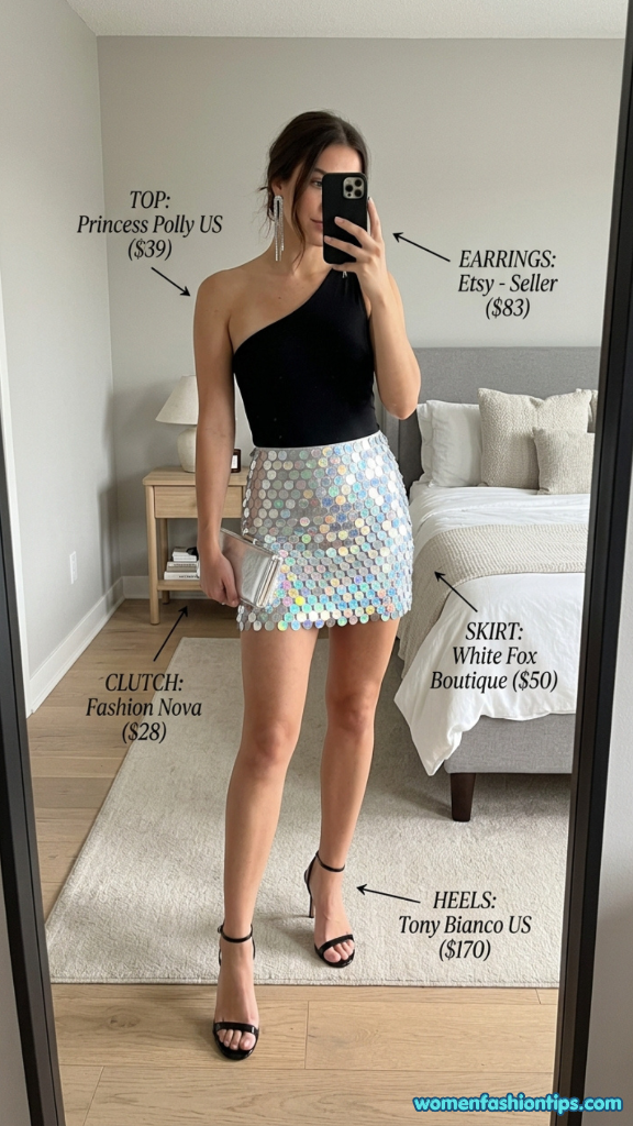 Black one-shoulder top with holographic sequin mini skirt and black heels