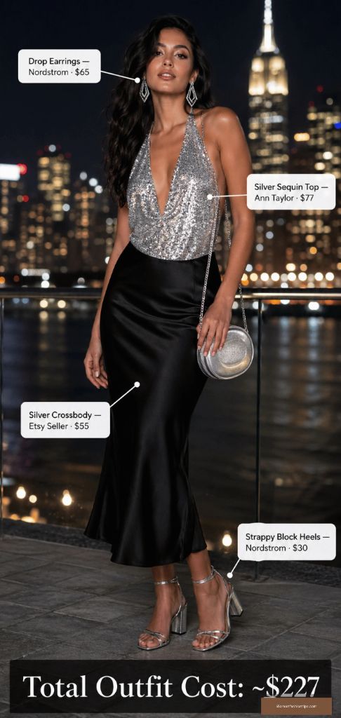 Silver Sequin Top And Satin Midi Skirt