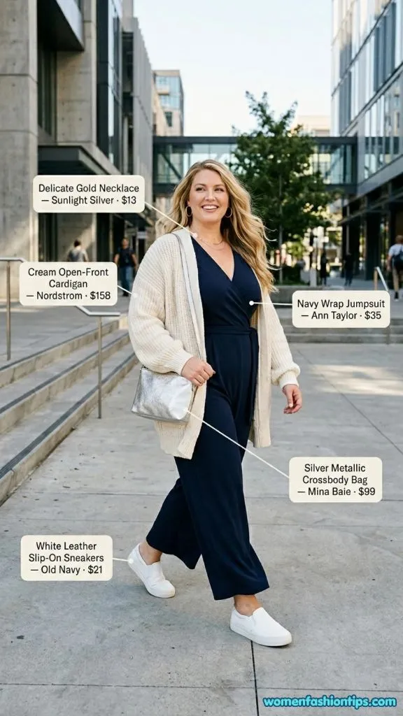 Navy wrap jumpsuit with cream open-front cardigan and silver crossbody bag
