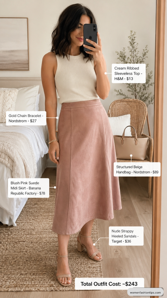 Cream Ribbed Sleeveless Top with Blush Pink Suede Midi Skirt