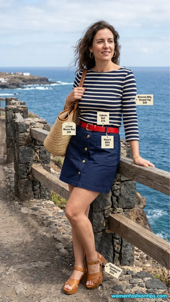 Navy and white striped Breton top with navy button-front skirt, red belt, and tan wedge sandals at seaside overlook