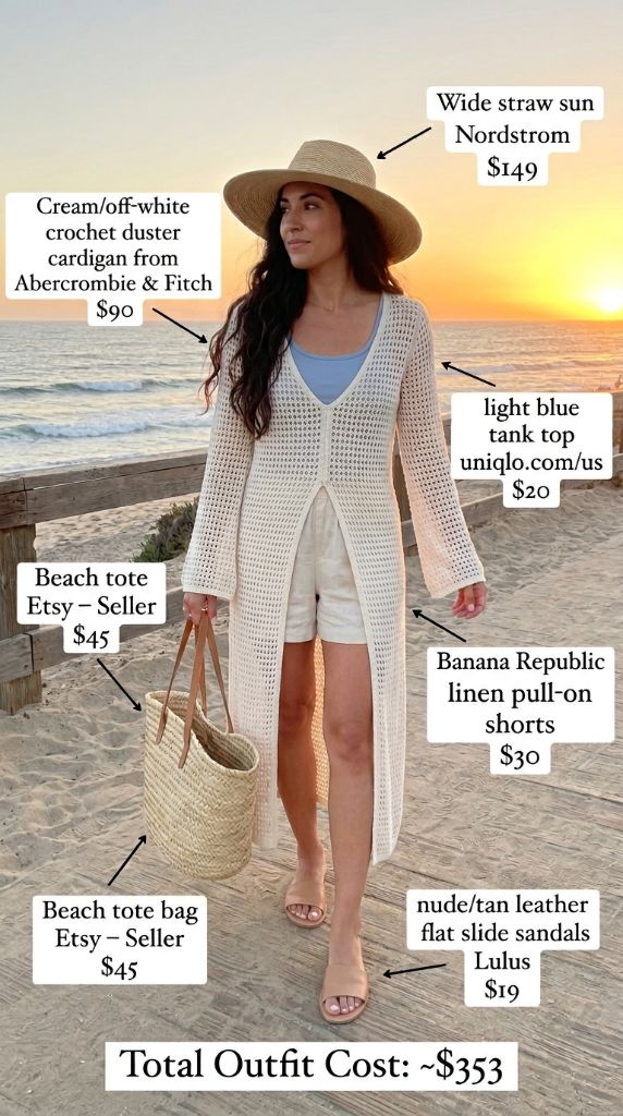 Cream Crochet Duster and Linen Shorts