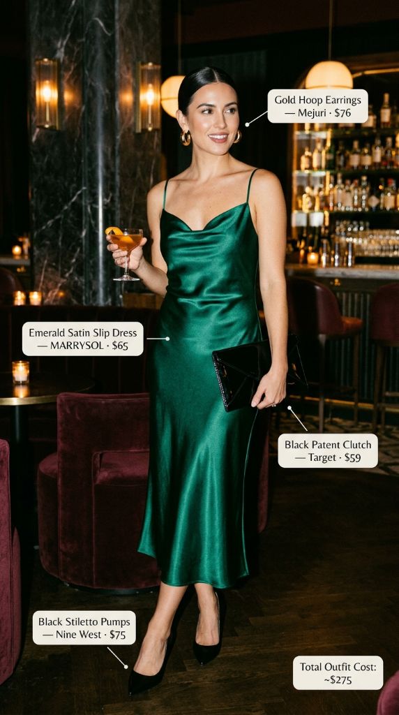 Emerald Satin Slip Dress Outfit