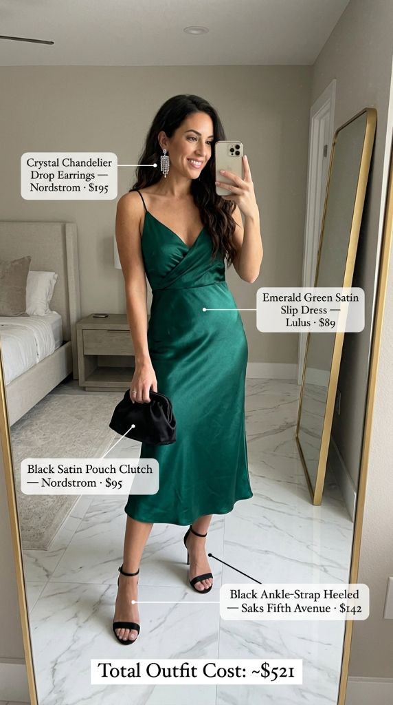 Emerald Green Satin Slip Dress Outfit