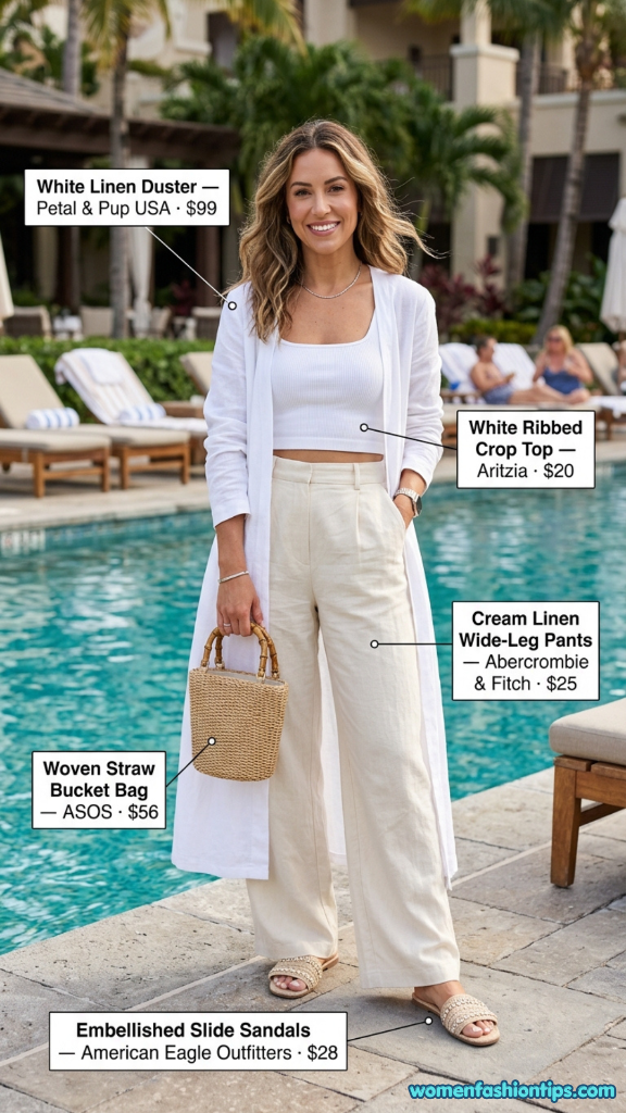 White Linen Duster With Crop Top And Wide-Leg Pants