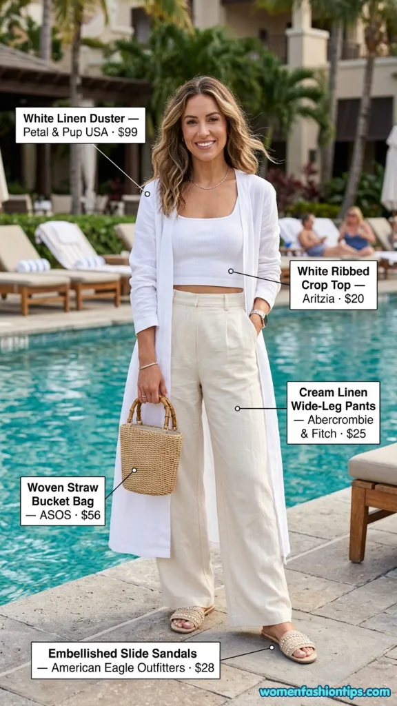 White Linen Duster With Crop Top And Wide-Leg Pants