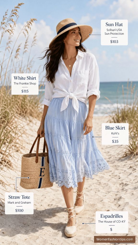 Coastal White Shirt and Blue Tiered Skirt