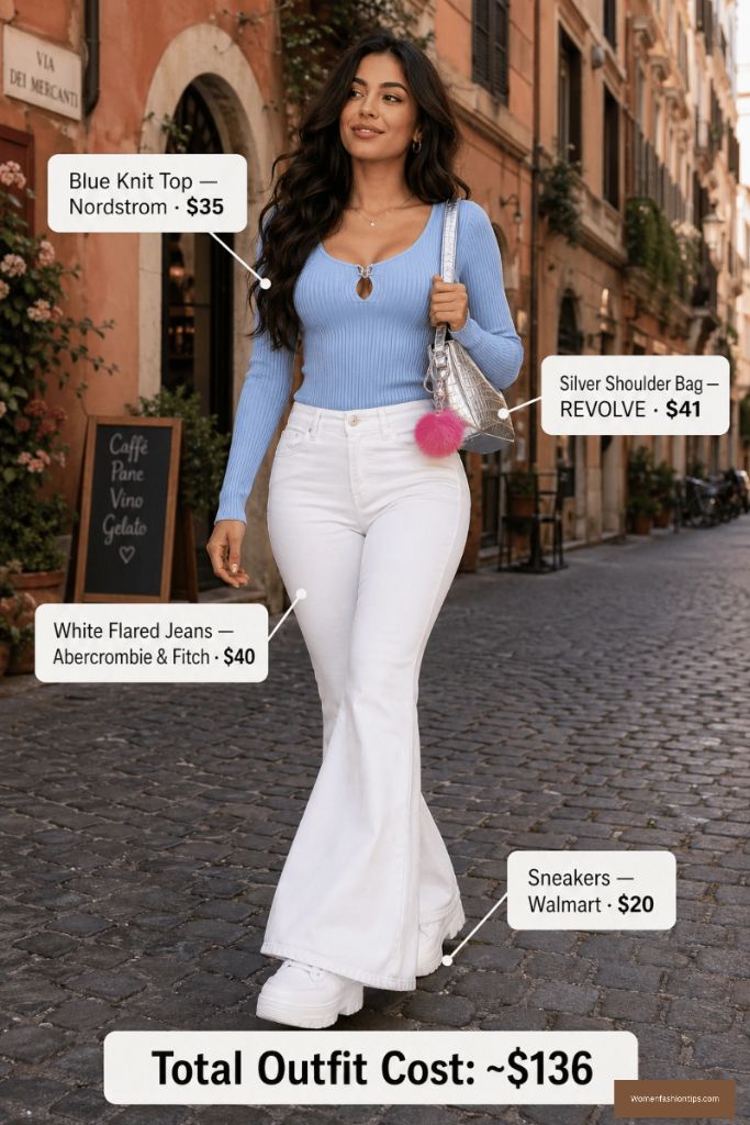 Blue Knit Top And White Flared Jeans