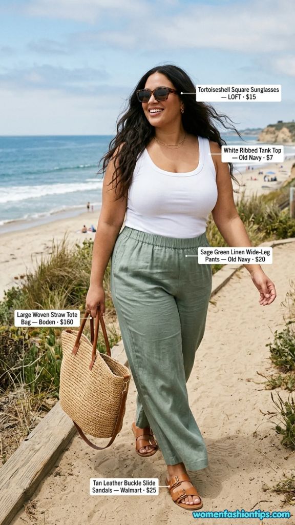 White ribbed tank top with sage green linen wide-leg pants golden hour beach photo