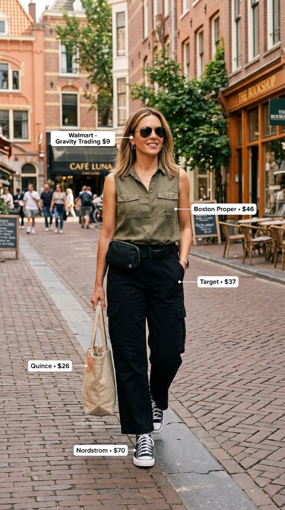 Olive Utility Sleeveless Top With Black Cargo Pants