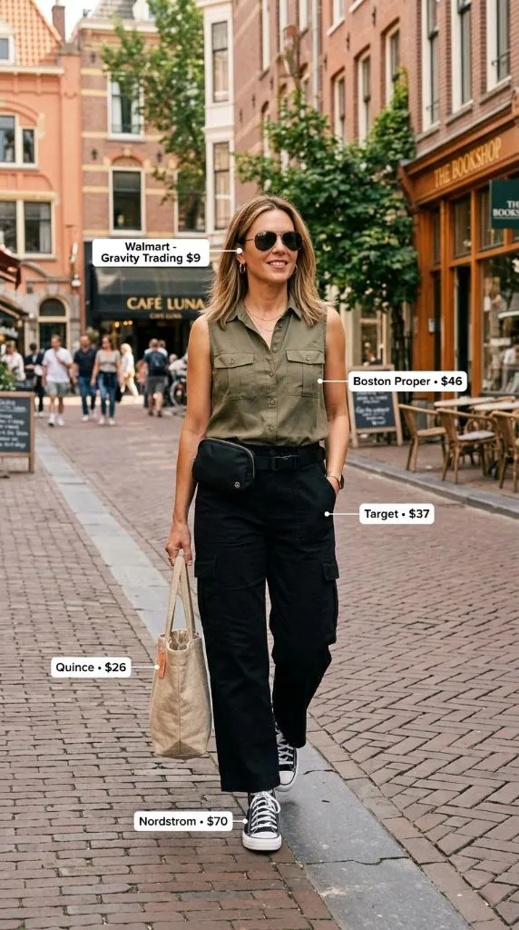 Olive Utility Sleeveless Top With Black Cargo Pants