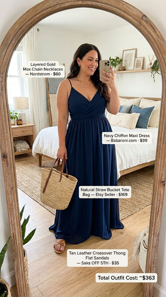 Curvy woman wearing navy chiffon maxi dress with straw bucket tote and tan flat sandals