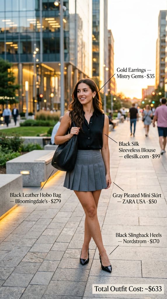 Black Silk Sleeveless Blouse With Pleated Mini