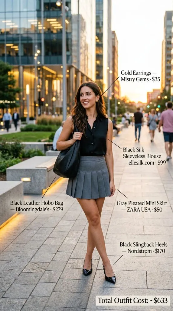 Black Silk Sleeveless Blouse With Pleated Mini