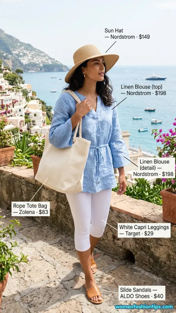 Blue linen blouse with white capri leggings, straw sun hat, and rope tote bag
