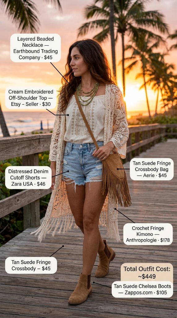 Crochet Fringe Kimono With Denim Cutoffs