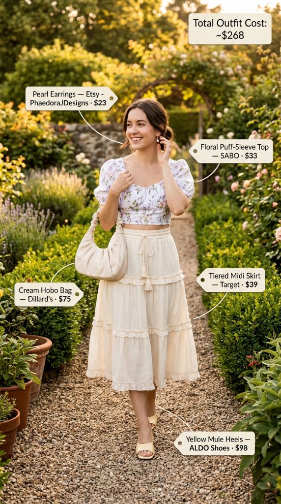 Floral Puff-Sleeve Top with Tiered Midi Skirt