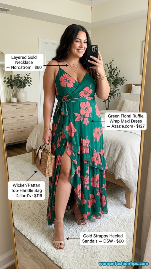 Green floral ruffle wrap maxi dress with gold strappy heeled sandals