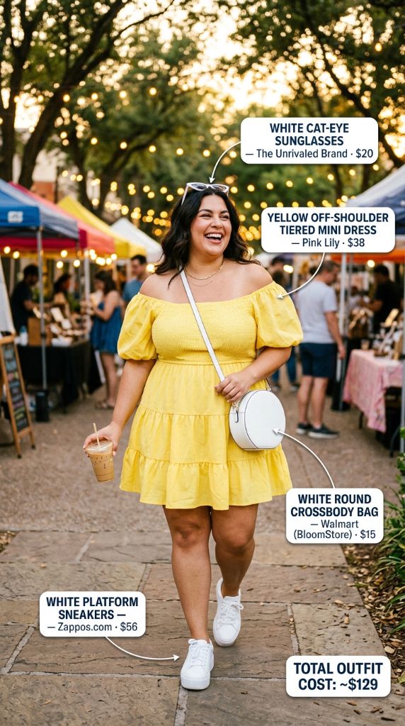 Curvy woman in yellow off-shoulder tiered mini dress with white cat-eye sunglasses, round crossbody bag, and platform sneakers at outdoor market
