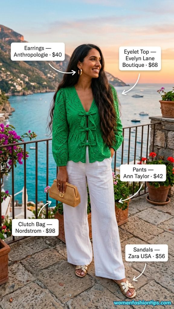 Green Eyelet Top with White Pants