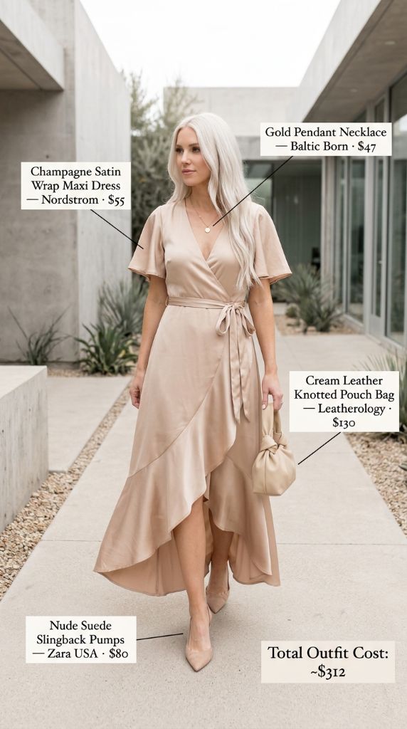 Champagne Satin Wrap Maxi Dress Outfit