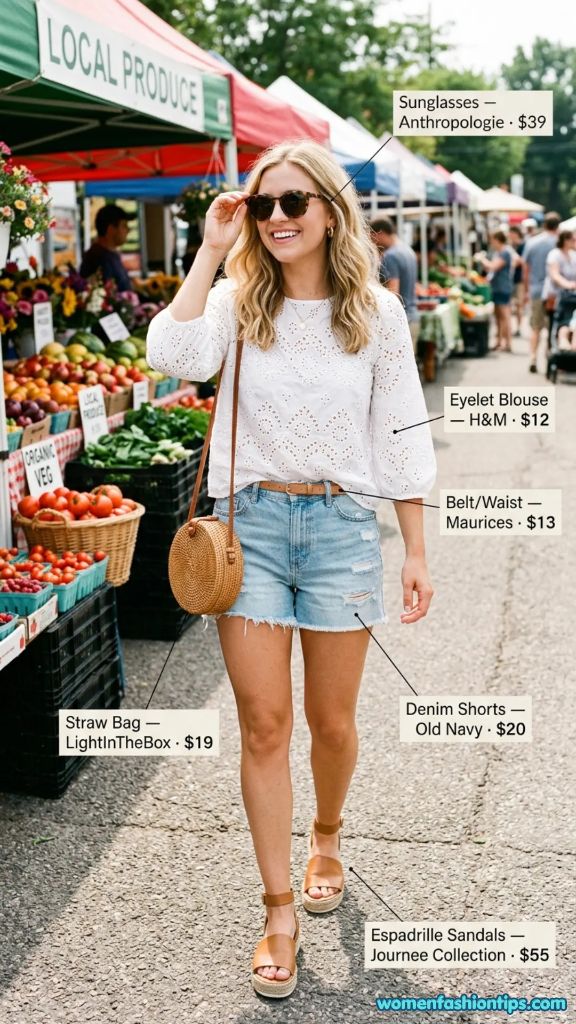 White Eyelet Blouse with Denim Shorts