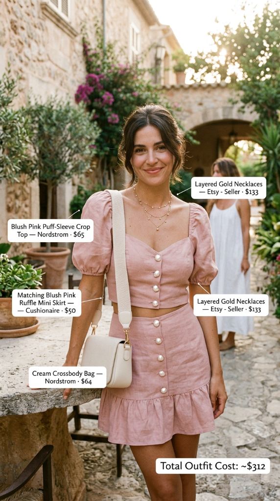 Blush Pink Puff-Sleeve Crop Top and Matching Mini Skirt