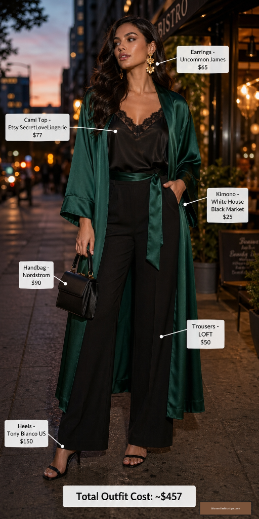 Emerald Kimono And Black Lace Cami