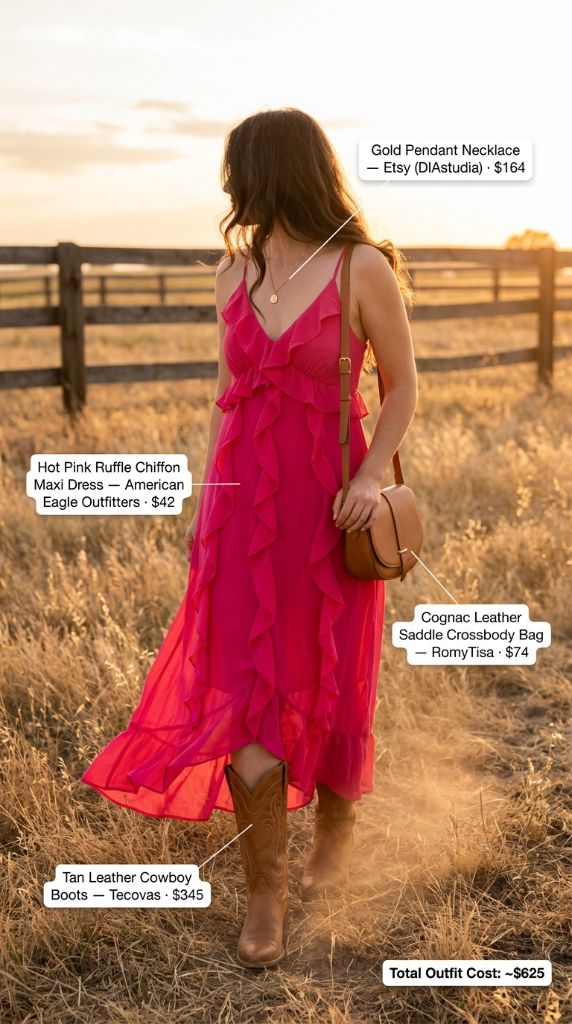 Hot Pink Ruffle Chiffon Maxi Dress with Tan Cowboy Boots