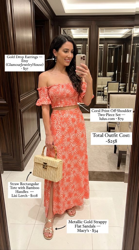 Coral Print Off-Shoulder Two-Piece Set