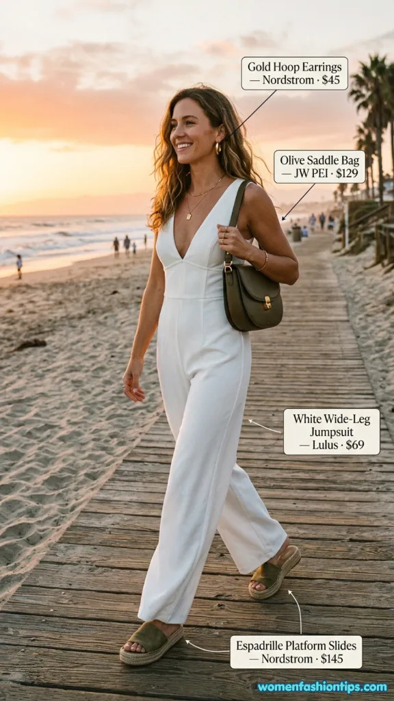 Deep V White Jumpsuit At Sunset
