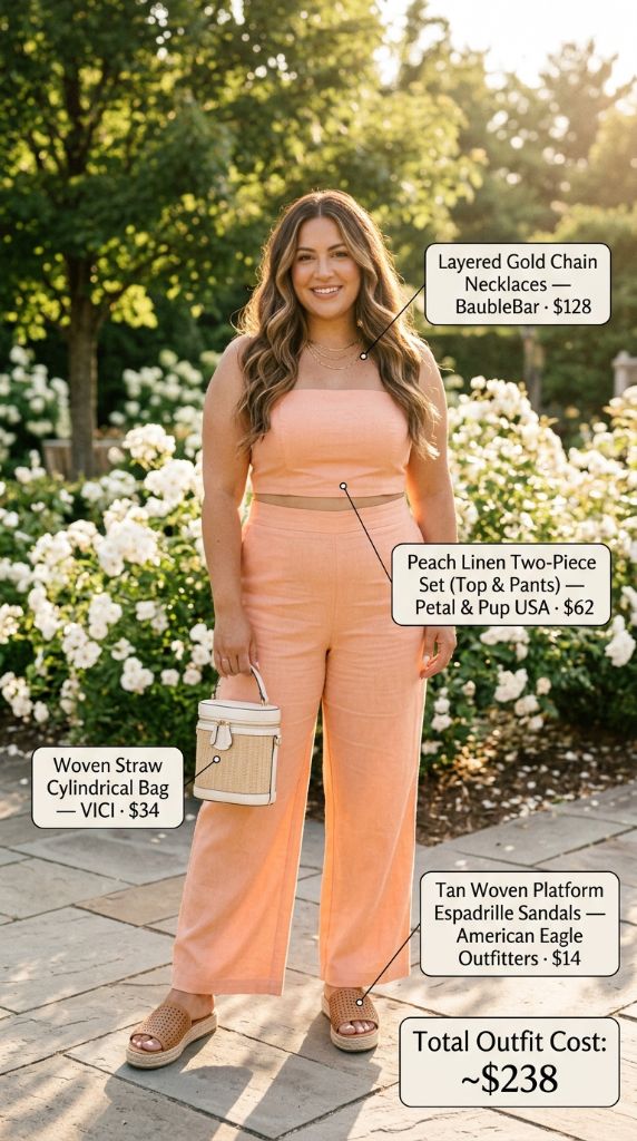 Curvy woman in peach linen two-piece set with gold necklaces, straw bag, and espadrille sandals in garden
