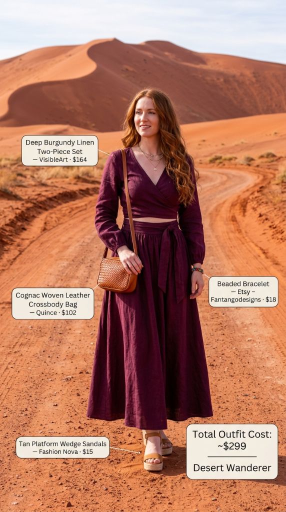 Deep Burgundy Linen Two-Piece Set Outfit