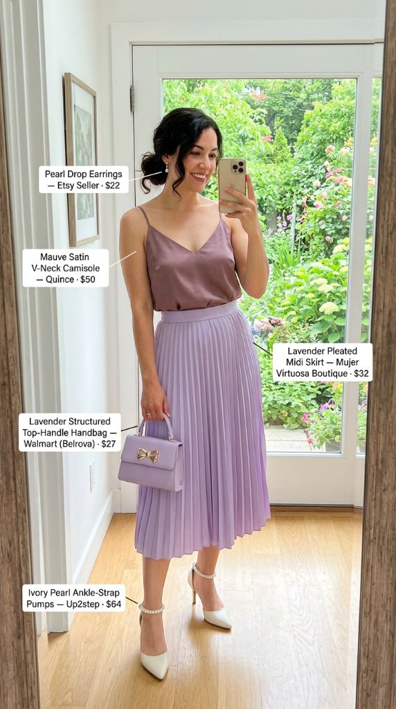 Lavender Pleated Midi Skirt Outfit