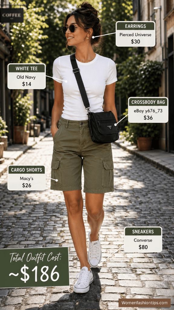 White Tee with Olive Cargo Shorts