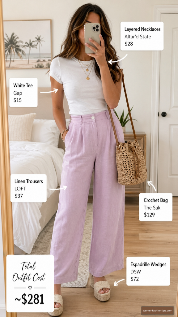 Lilac linen trousers and white tee outfit