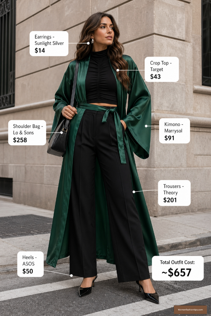 Emerald Satin Kimono For City Nights
