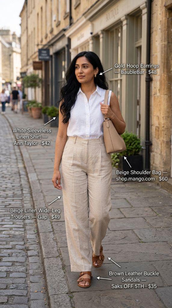 White Linen Shirt With Beige Wide-Leg Trousers