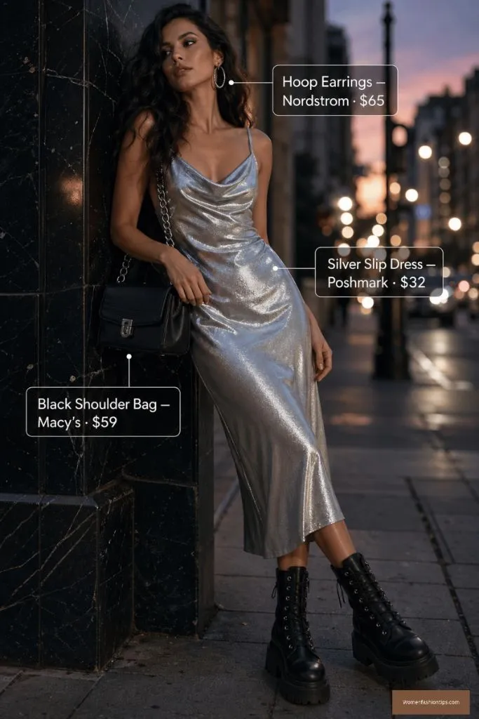 Silver Slip Dress With Combat Boots