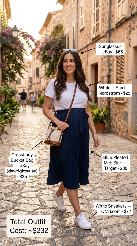 White Tee with Navy Pleated Midi Skirt