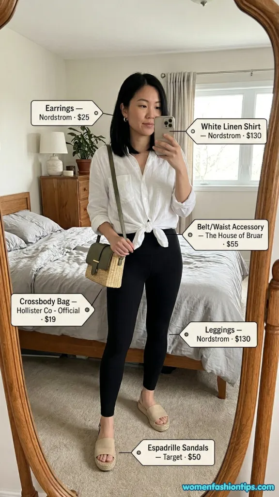 White linen shirt knotted at waist with black leggings, espadrille sandals, and woven crossbody bag