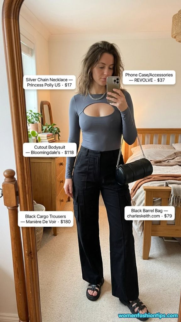 Cutout Bodysuit with Black Cargo Trousers