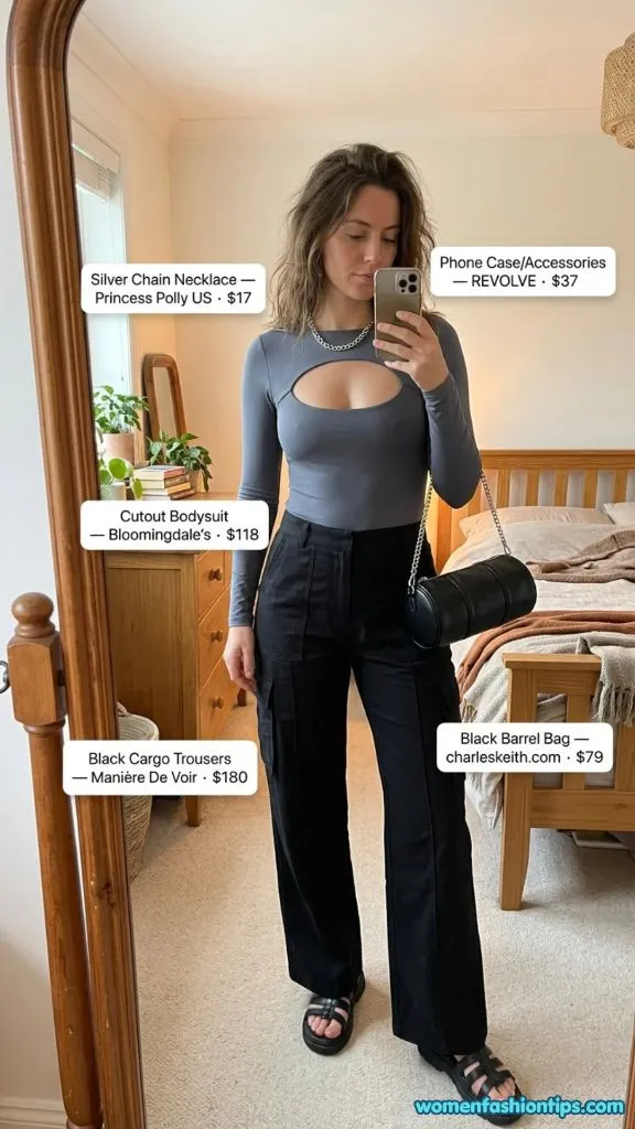 Cutout Bodysuit with Black Cargo Trousers